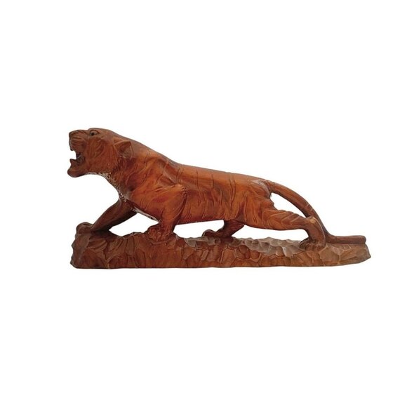 Tiger Sculpture Hand Carved Wood Wildlife Figure Vintage Rustic MCM Decor